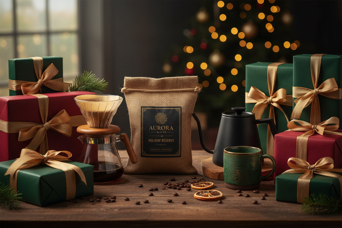 Coffee gift bag with brewing accessories and wrapped presents