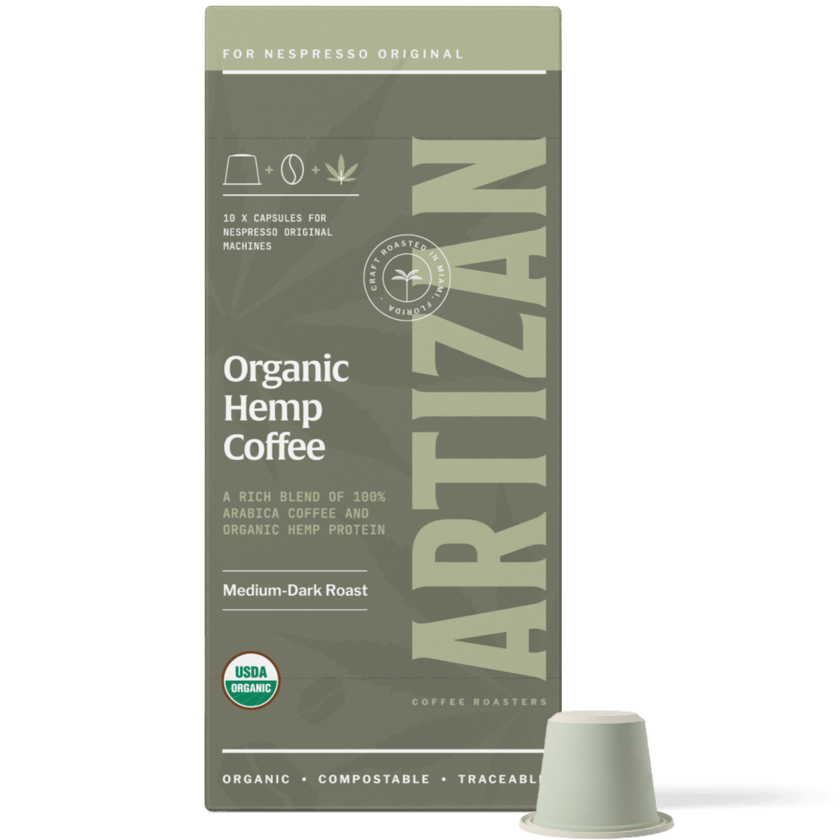 Artizan Coffee Roasters Low-Acid Hemp Coffee Pods, Nespresso compatible.