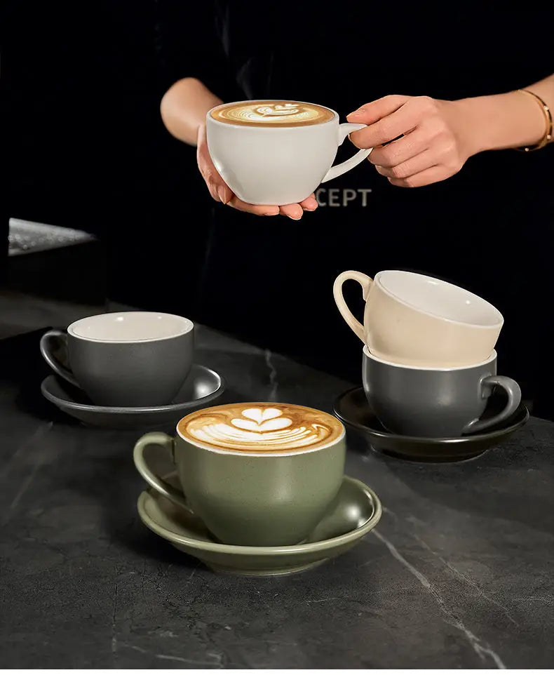 Sawada‑Style Wide‑Mouth Latte Art Cup – 300ml Ceramic (Khaki, Wheatland Gray, Juniper Green, Ore White, Hepburn Black)