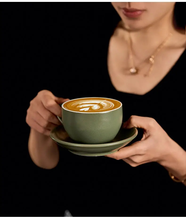 Sawada‑Style Wide‑Mouth Latte Art Cup – 300ml Ceramic (Khaki, Wheatland Gray, Juniper Green, Ore White, Hepburn Black)