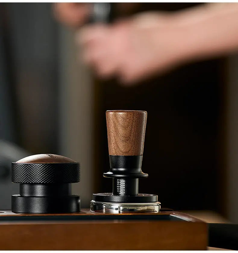 Muyu Constant Force Spring Espresso Tamper – Consistent Pressure, Walnut Handle – 51mm / 53/54mm / 58mm