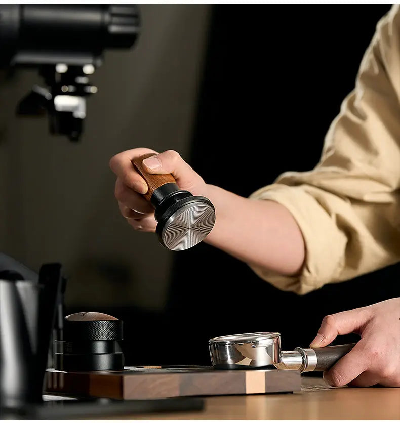 Muyu Constant Force Spring Espresso Tamper – Consistent Pressure, Walnut Handle – 51mm / 53/54mm / 58mm