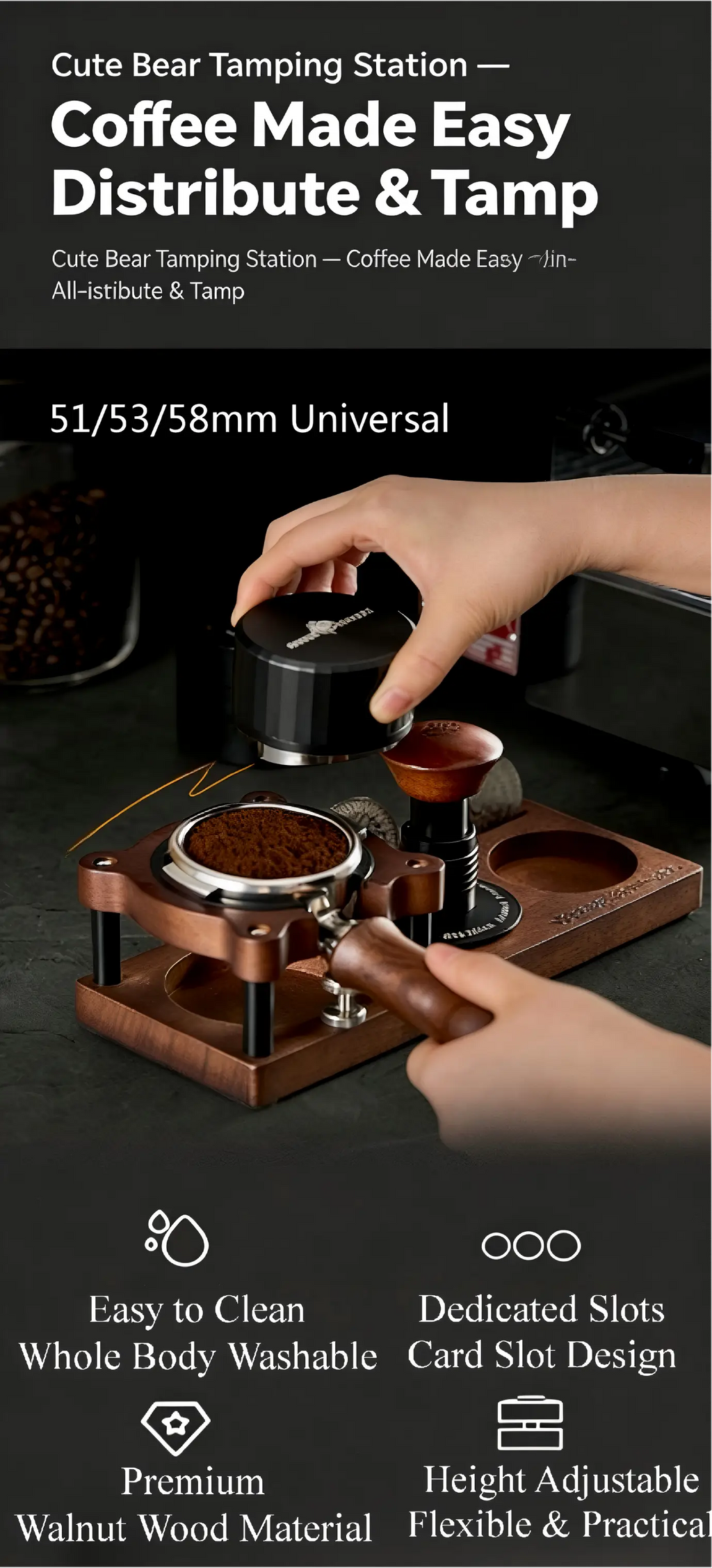 Cute Bear Espresso Tamper Set with Walnut Stand - Gift for Coffee Lovers Under $29