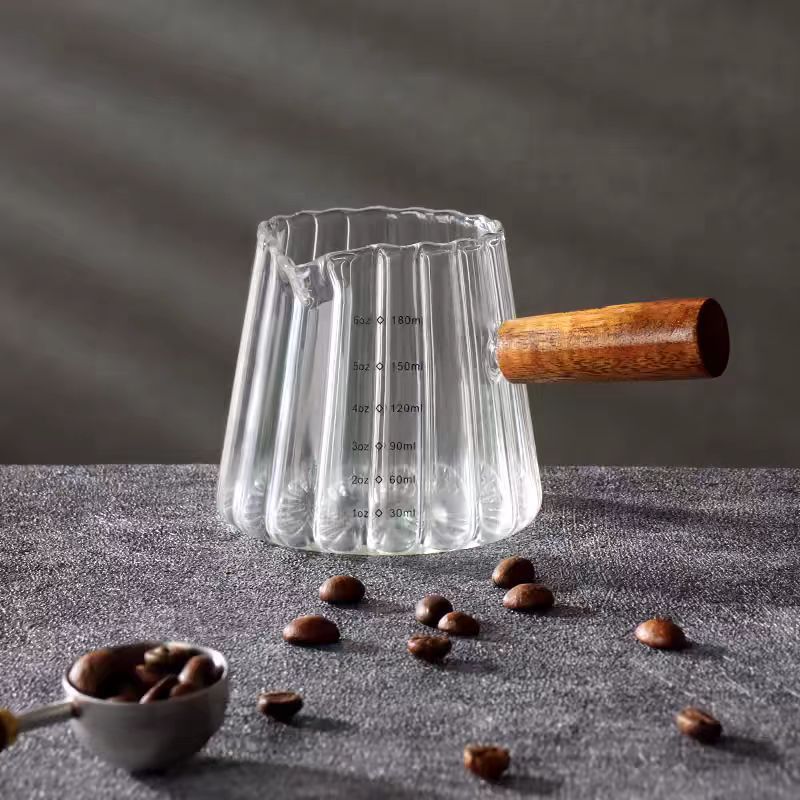 180ml Heat‑Resistant Glass Coffee Cup with Wooden Handle – Espresso Measuring & Milk Pouring Cup - Haynesworld General Goods
