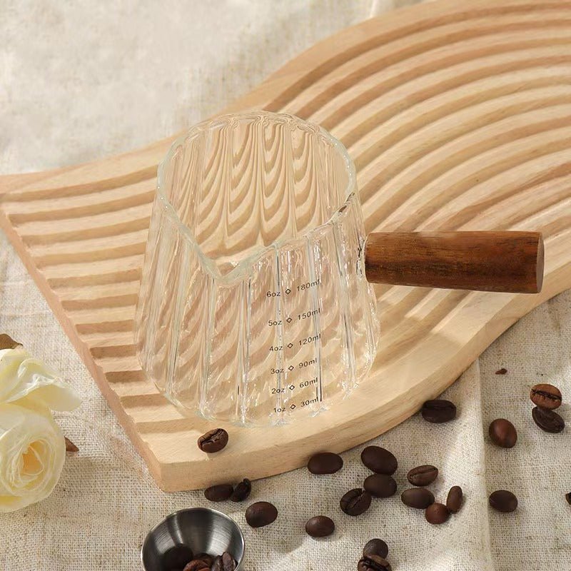 180ml Heat‑Resistant Glass Coffee Cup with Wooden Handle – Espresso Measuring & Milk Pouring Cup - Haynesworld General Goods