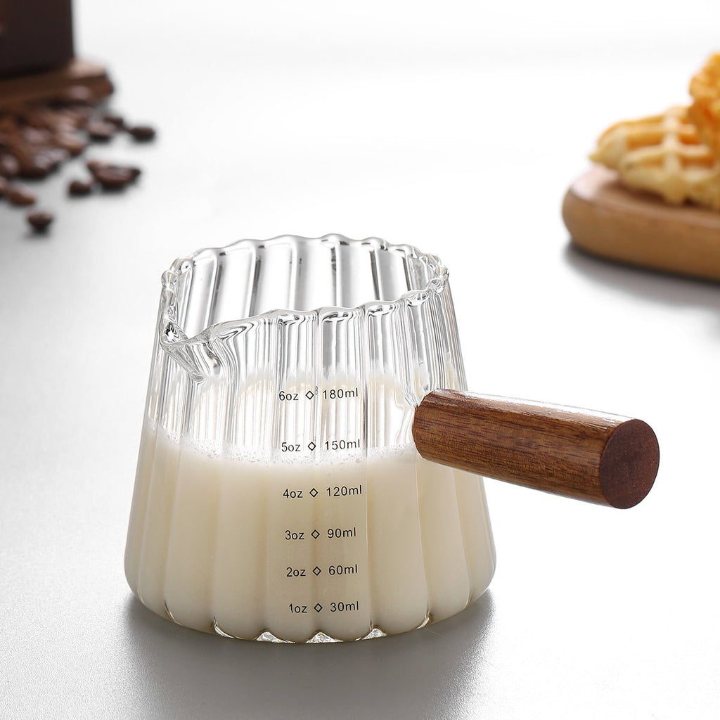 180ml Heat‑Resistant Glass Coffee Cup with Wooden Handle – Espresso Measuring & Milk Pouring Cup - Haynesworld General Goods
