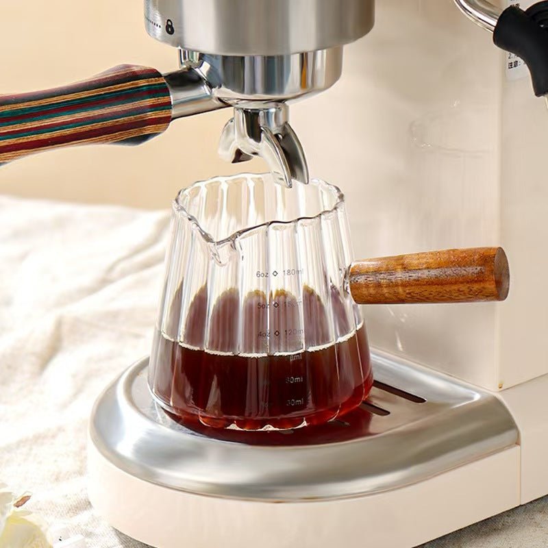 180ml Heat‑Resistant Glass Coffee Cup with Wooden Handle – Espresso Measuring & Milk Pouring Cup - Haynesworld General Goods