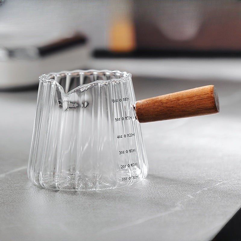 180ml Heat‑Resistant Glass Coffee Cup with Wooden Handle – Espresso Measuring & Milk Pouring Cup - Haynesworld General Goods