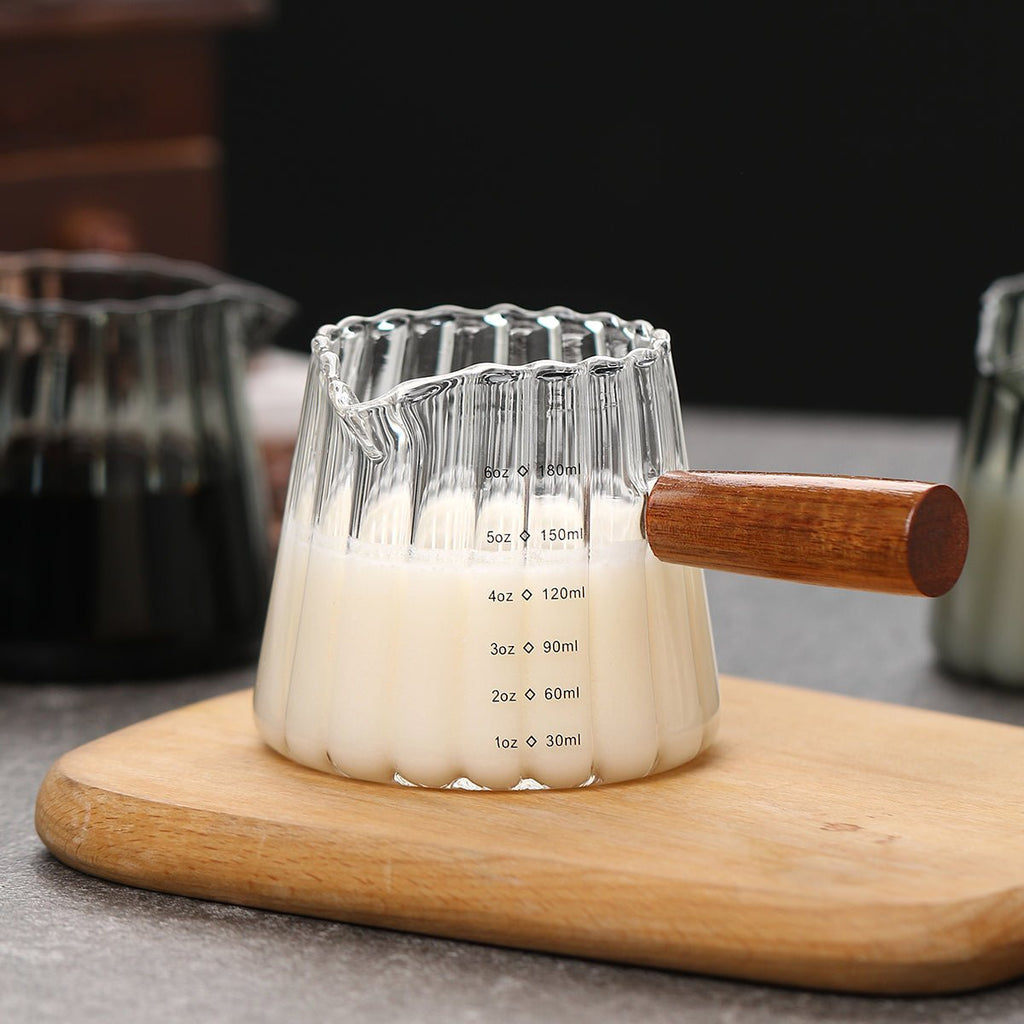 180ml Heat‑Resistant Glass Coffee Cup with Wooden Handle – Espresso Measuring & Milk Pouring Cup - Haynesworld General Goods