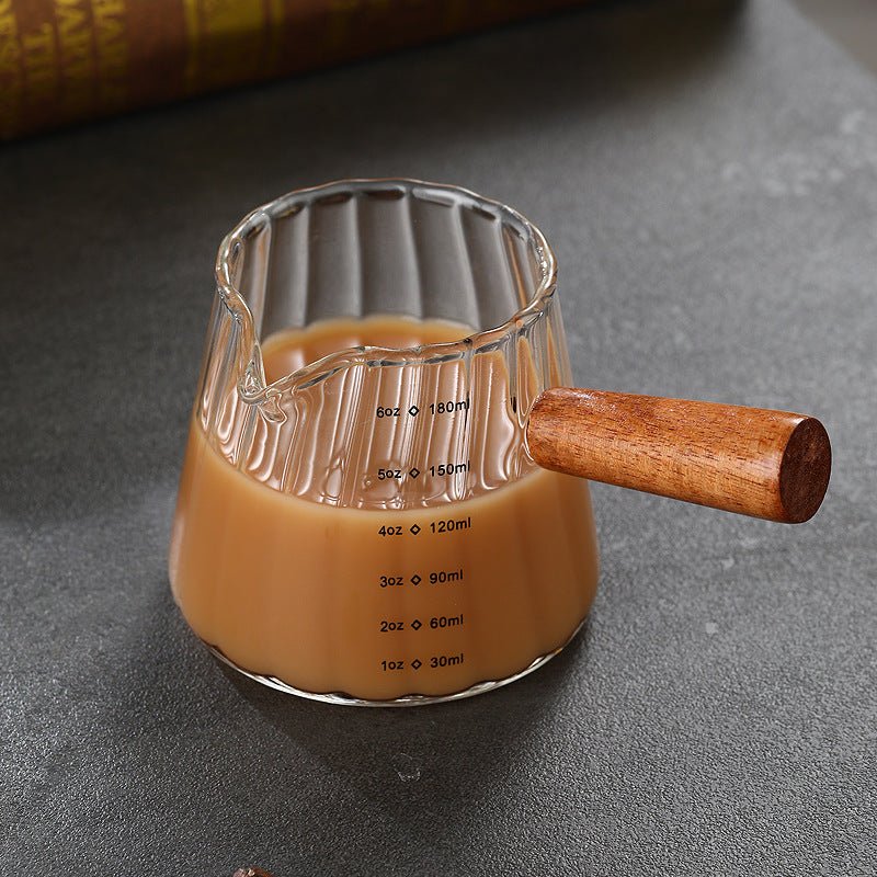 180ml Heat‑Resistant Glass Coffee Cup with Wooden Handle – Espresso Measuring & Milk Pouring Cup - Haynesworld General Goods