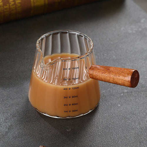 180ml Heat‑Resistant Glass Coffee Cup with Wooden Handle – Espresso Measuring & Milk Pouring Cup - Haynesworld General Goods