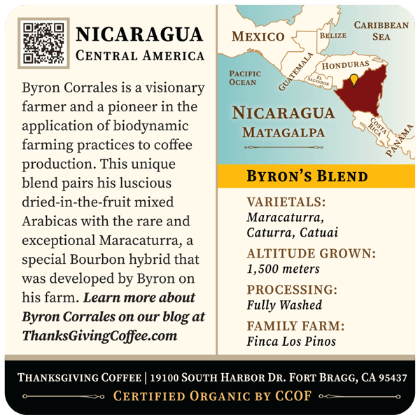 Thanksgiving Coffee Company Byron's Blend Light Roast Maracaturra Coffee, smooth and subtle flavor notes.