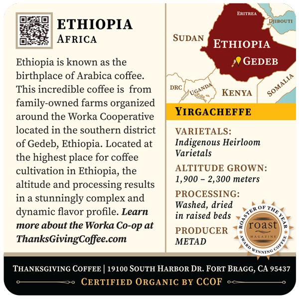 Award-Winning Light Roast Ethiopia Yirgacheffe Gedeb Worka Co-op Coffee