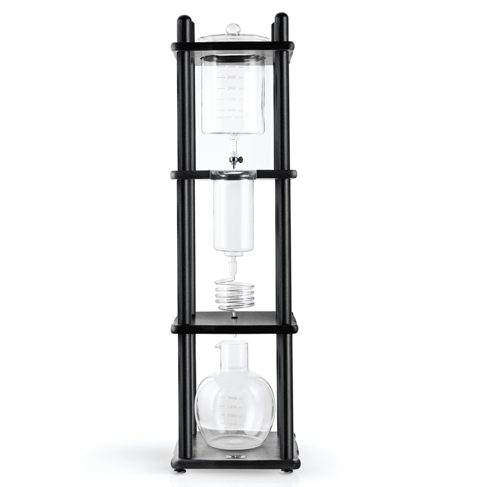 Espresso Parts Yama Glass Cold Brew Tower, 100 oz, black with straight wood frame.