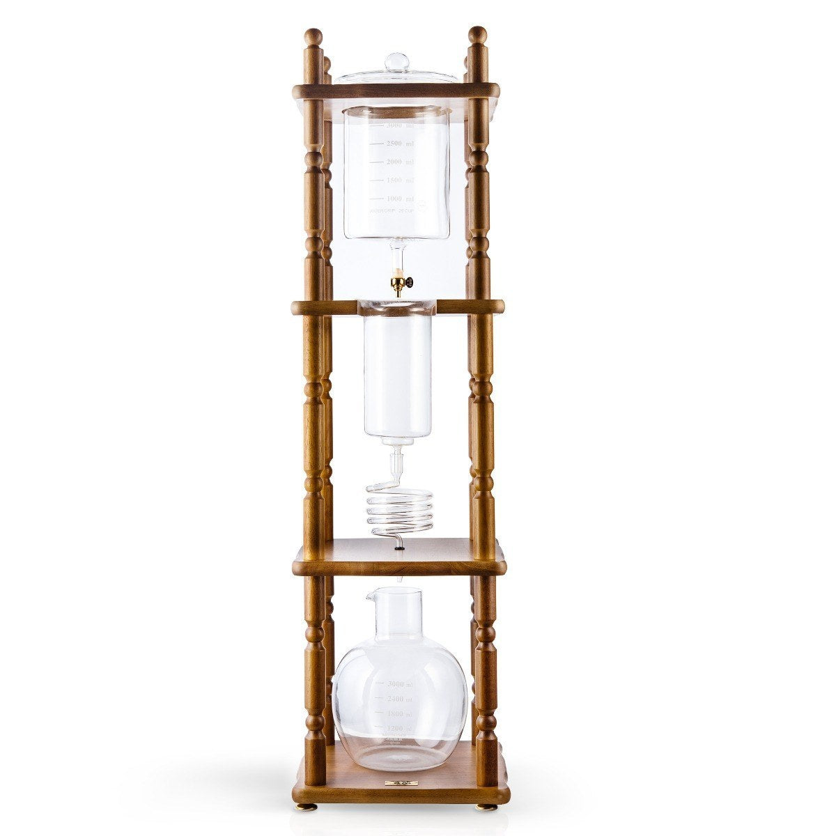 Yama Glass Cold Brew Tower – Curved Brown Wood Frame – 25 Cup / 100 oz