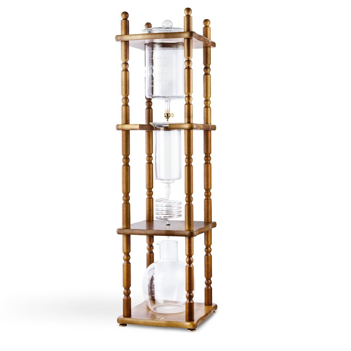 Yama Glass Cold Brew Tower – Curved Brown Wood Frame – 25 Cup / 100 oz