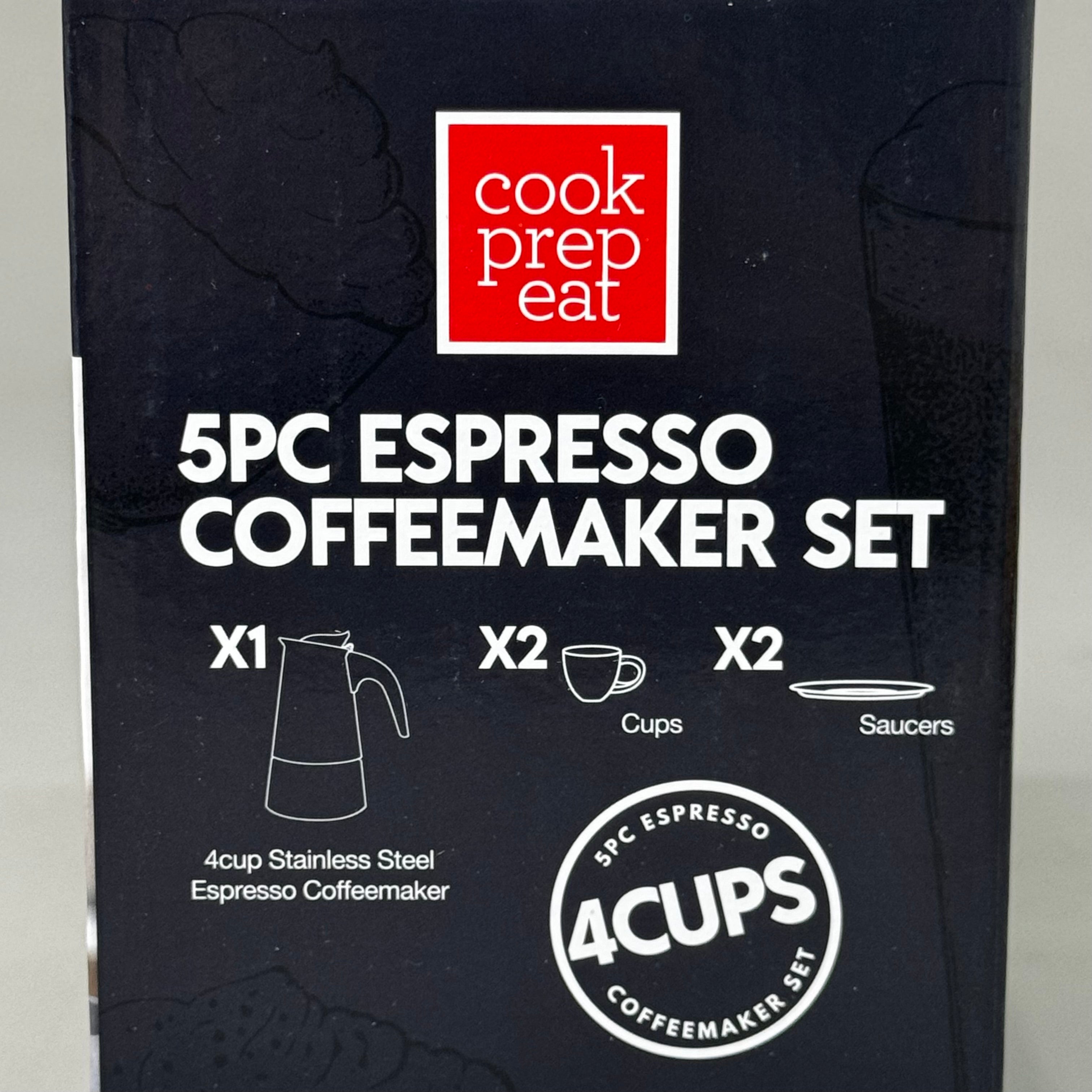 Cook Prep Eat 5-Piece Stainless Steel Stovetop Espresso Maker Set with Cups