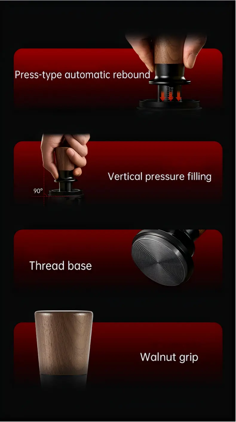 Muyu Constant Force Spring Espresso Tamper – Consistent Pressure, Walnut Handle – 51mm / 53/54mm / 58mm
