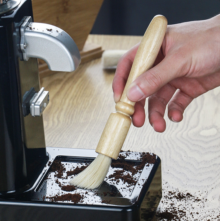 Wood-Handled Coffee Cleaning Brush with Natural Hair Bristles, Medium Size
