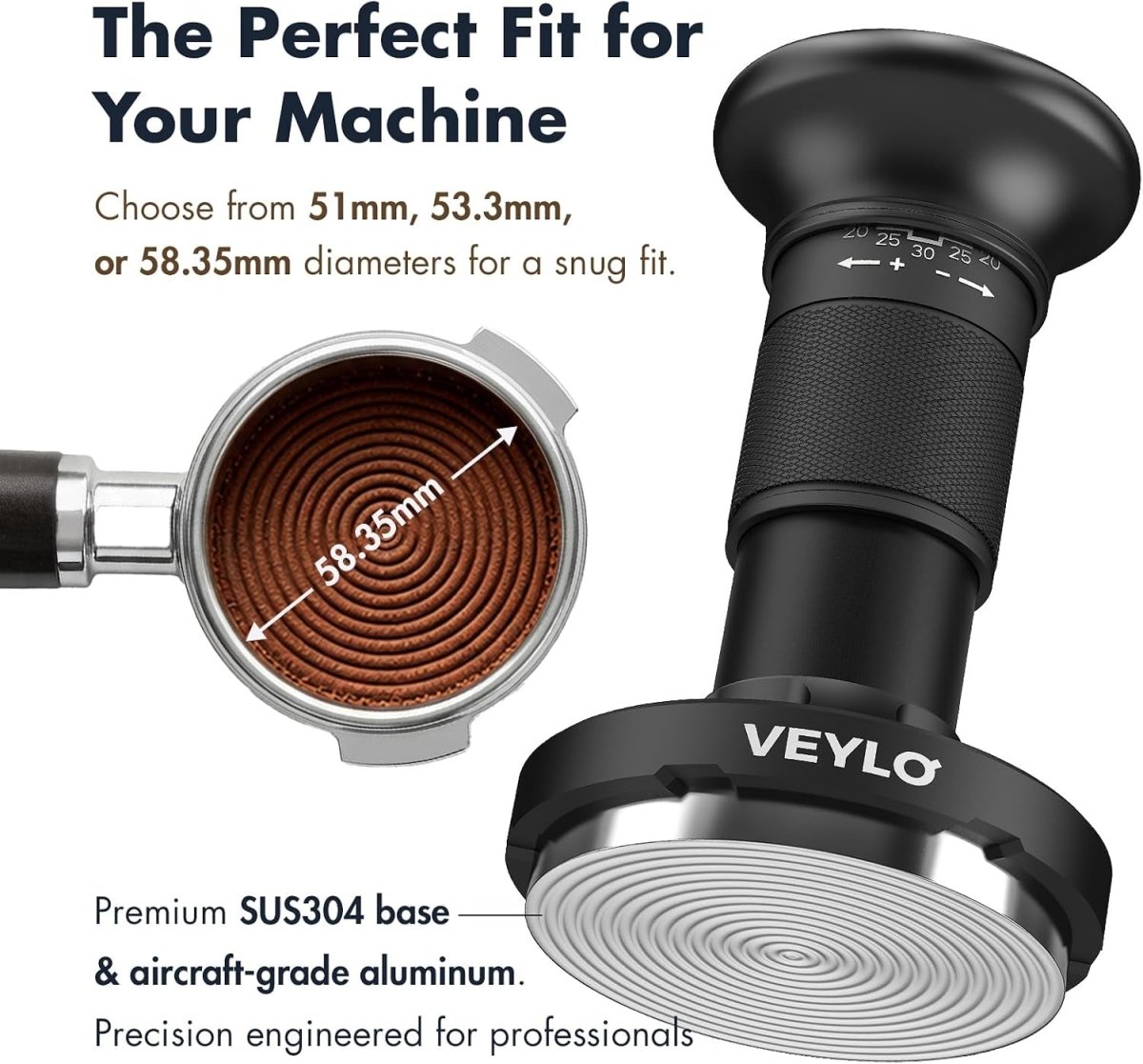 58Mm Espresso Tamper (58.35Mm Base), Adjustable 20-30 Lb Calibrated Coffee Tamper with Audible Click Feedback, 24-Click Precision Dial, 20/25/30 Lb Marks, No Spring Swap, Stainless Steel Flat Base - Shop Coffee Hobby