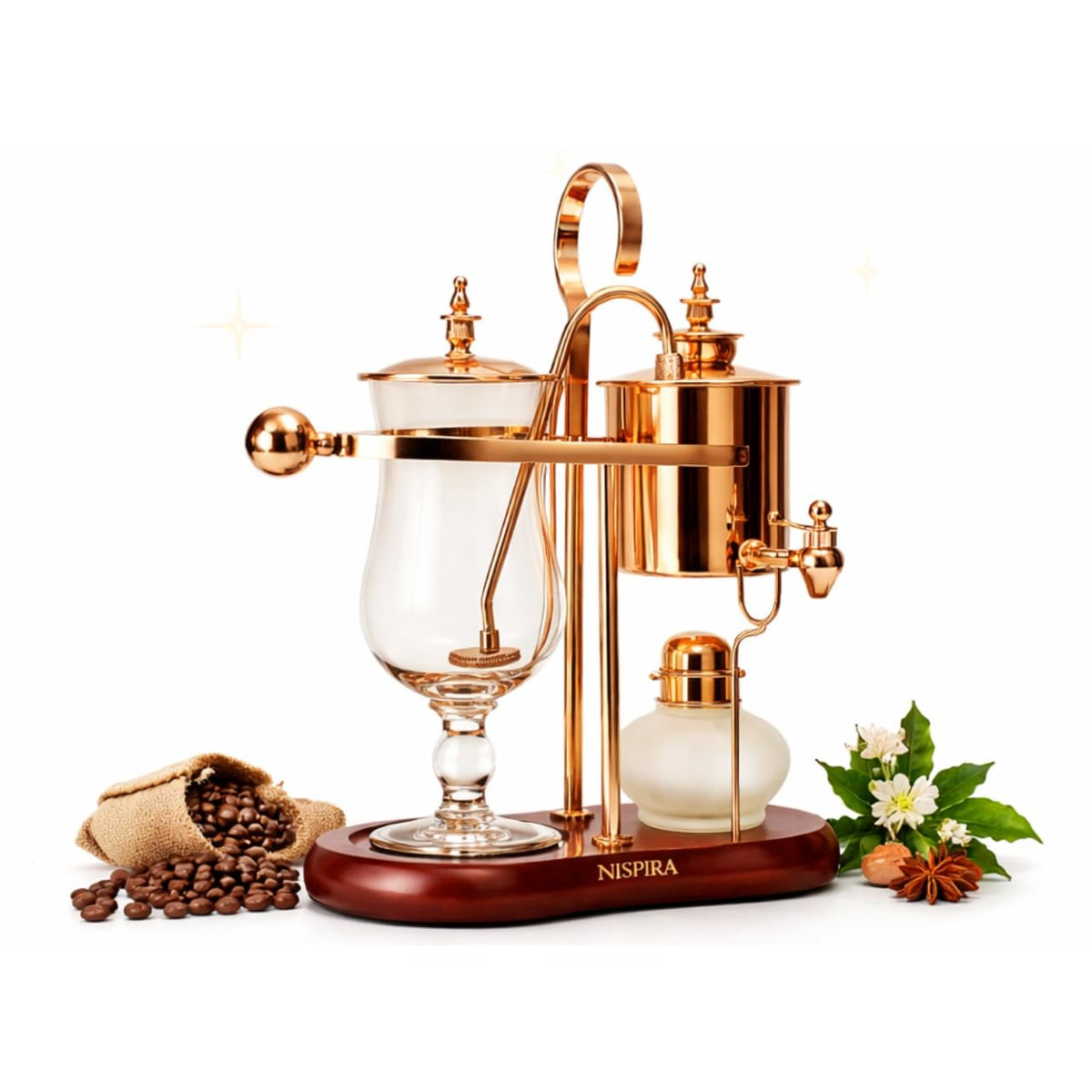 Nispira Belgian Balance Siphon Coffee Maker, 500 mL Copper with Brown Finish