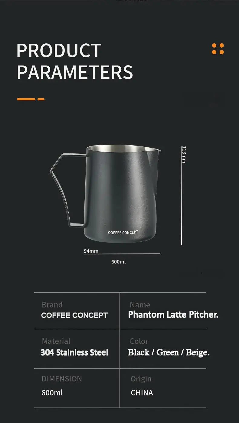 Phantom Precision Latte Art Pitcher – 600ml Narrow‑Spout Stainless Steel Pitcher for Advanced Patterns