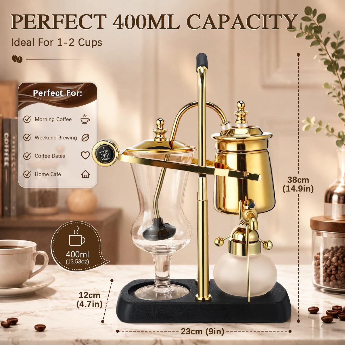 500 mL Gold version of the HappyAlley Belgian Balance Siphon Coffee Maker
