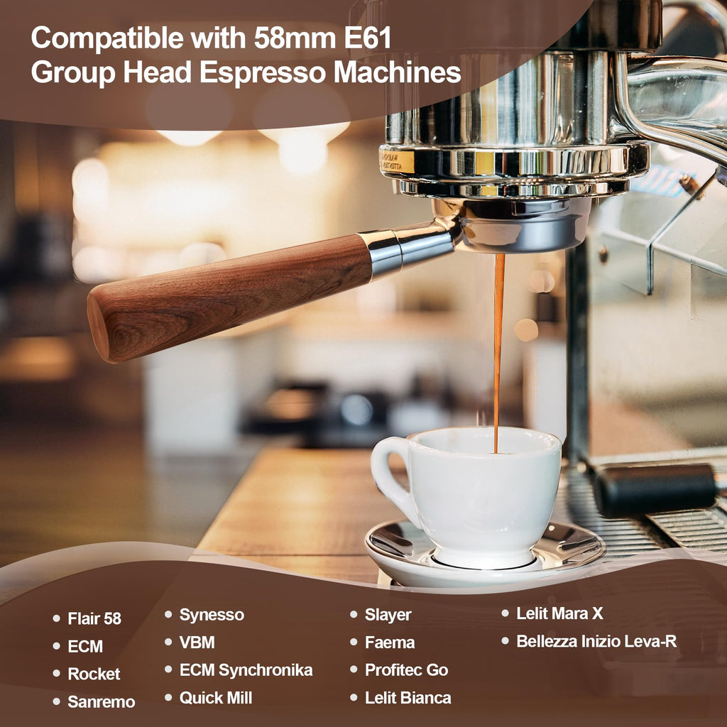 Stochastic Box 58mm Bottomless Portafilter with Rosewood Handle for E61 Espresso Machines