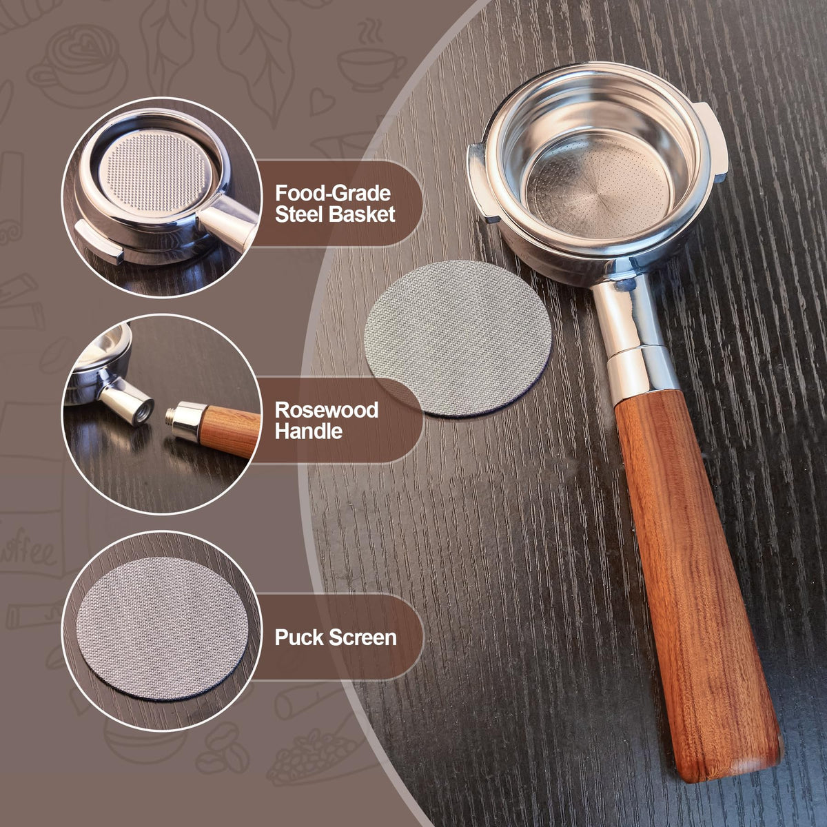 Stochastic Box 58mm Bottomless Portafilter with Rosewood Handle for E61 Espresso Machine