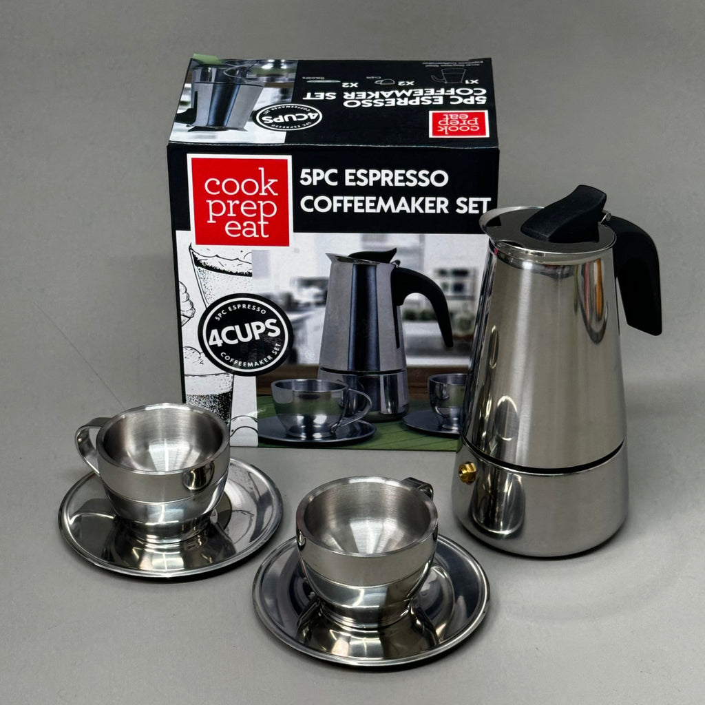 Cook Prep Eat 5-Piece Stainless Steel Stovetop Espresso Maker Set with Cups