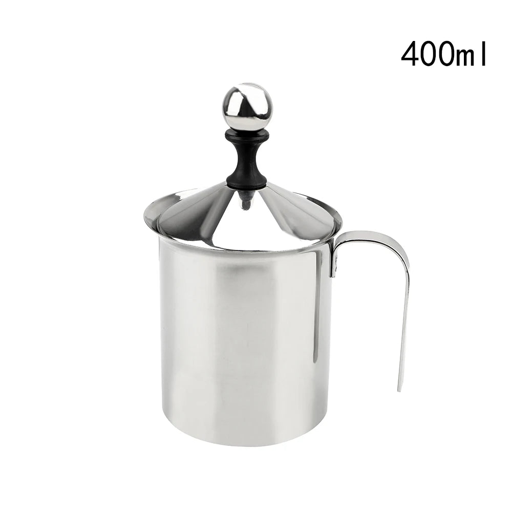 Stainless Steel Manual Milk Frother, 800ml version, ready for use.