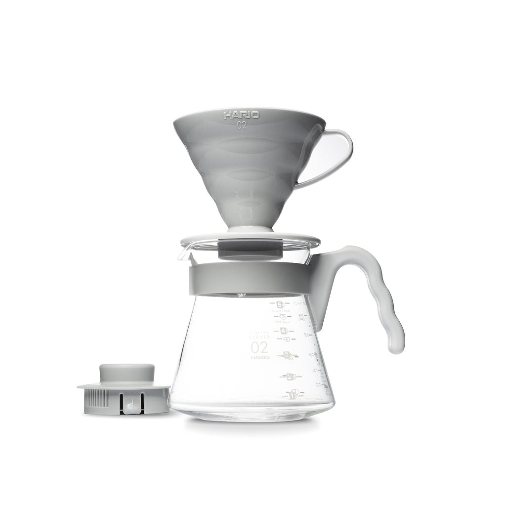 Hario V60 02 Pour Over Starter Kit – Pale Gray Plastic Dripper, Glass Server & Natural Filters