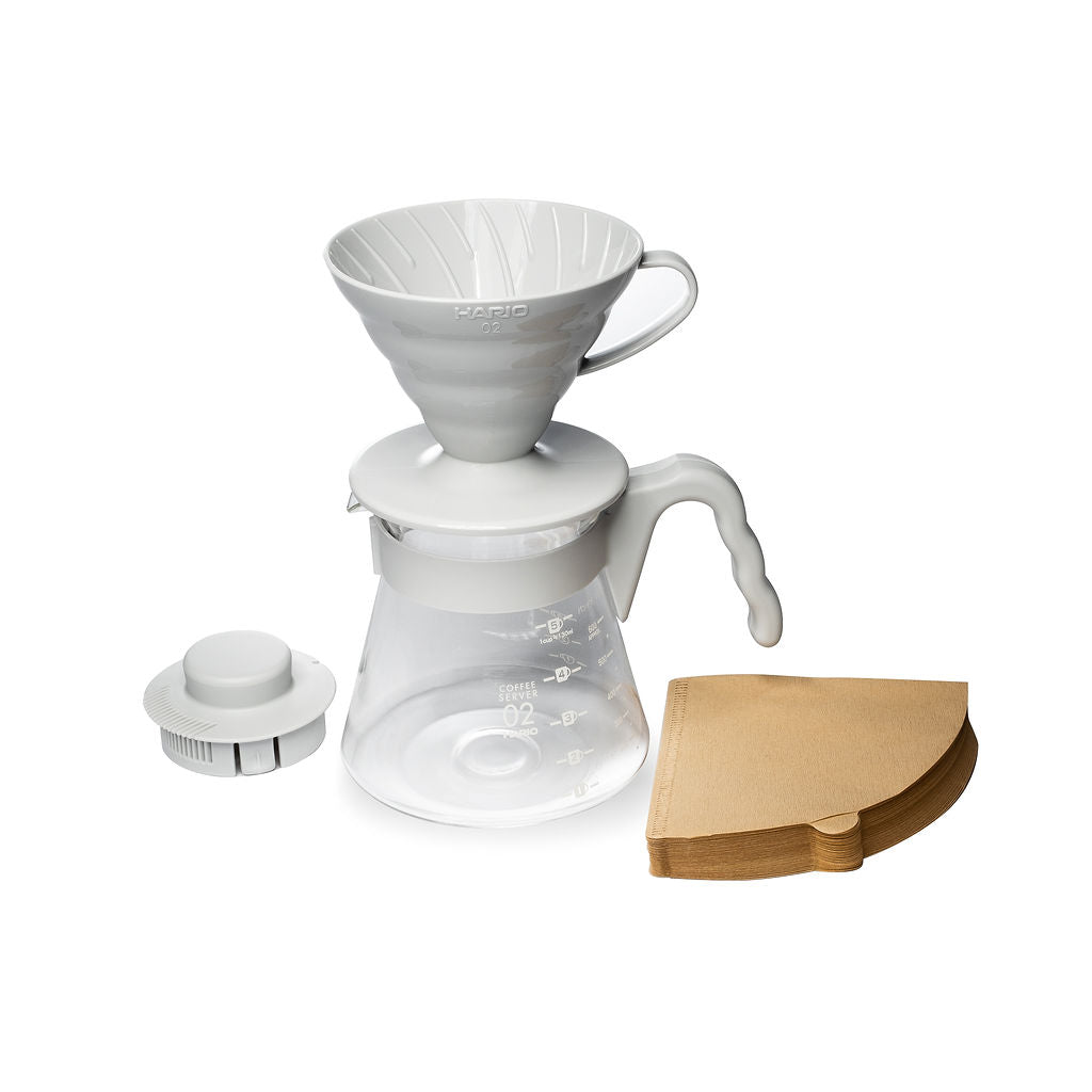 Hario V60 02 Pour Over Starter Kit – Pale Gray Plastic Dripper, Glass Server & Natural Filters