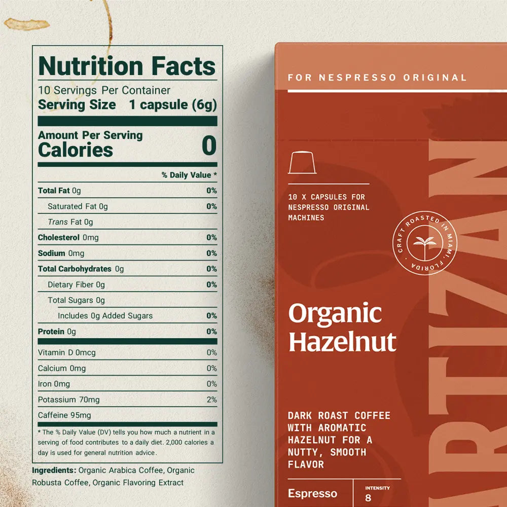 Artizan Coffee Roasters Organic Hazelnut - Espresso Capsule, Flavored for Nespresso Machine