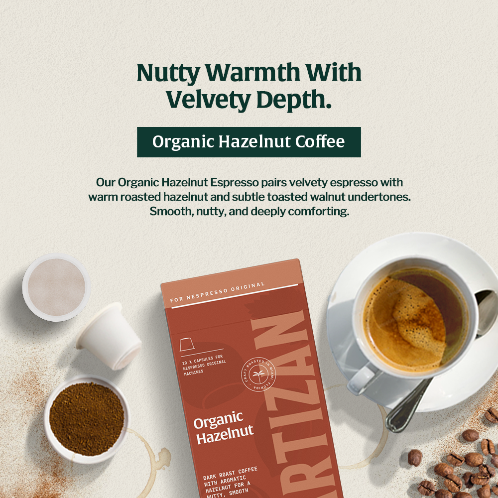Artizan Coffee Roasters Organic Hazelnut - Espresso Capsule, 12-count box for Nespresso machines