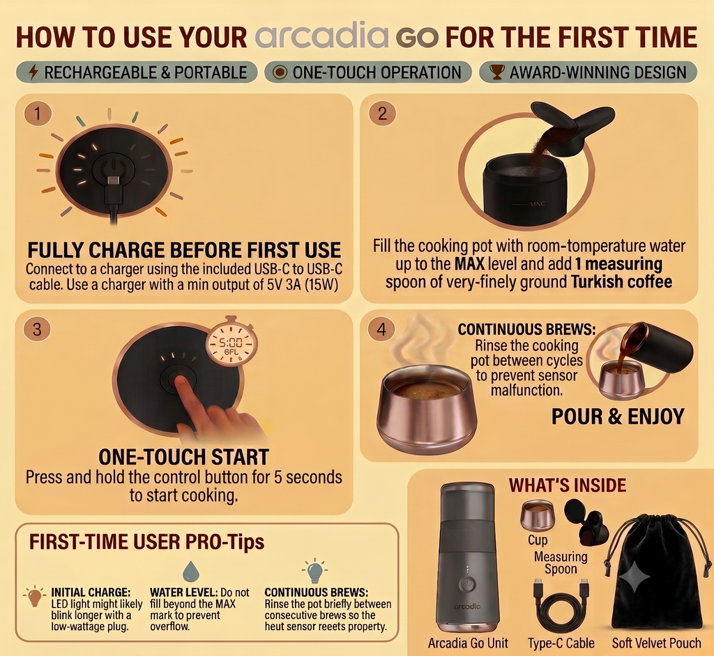 Arcadia Go Portable Turkish Coffee Maker – USB-C Rechargeable