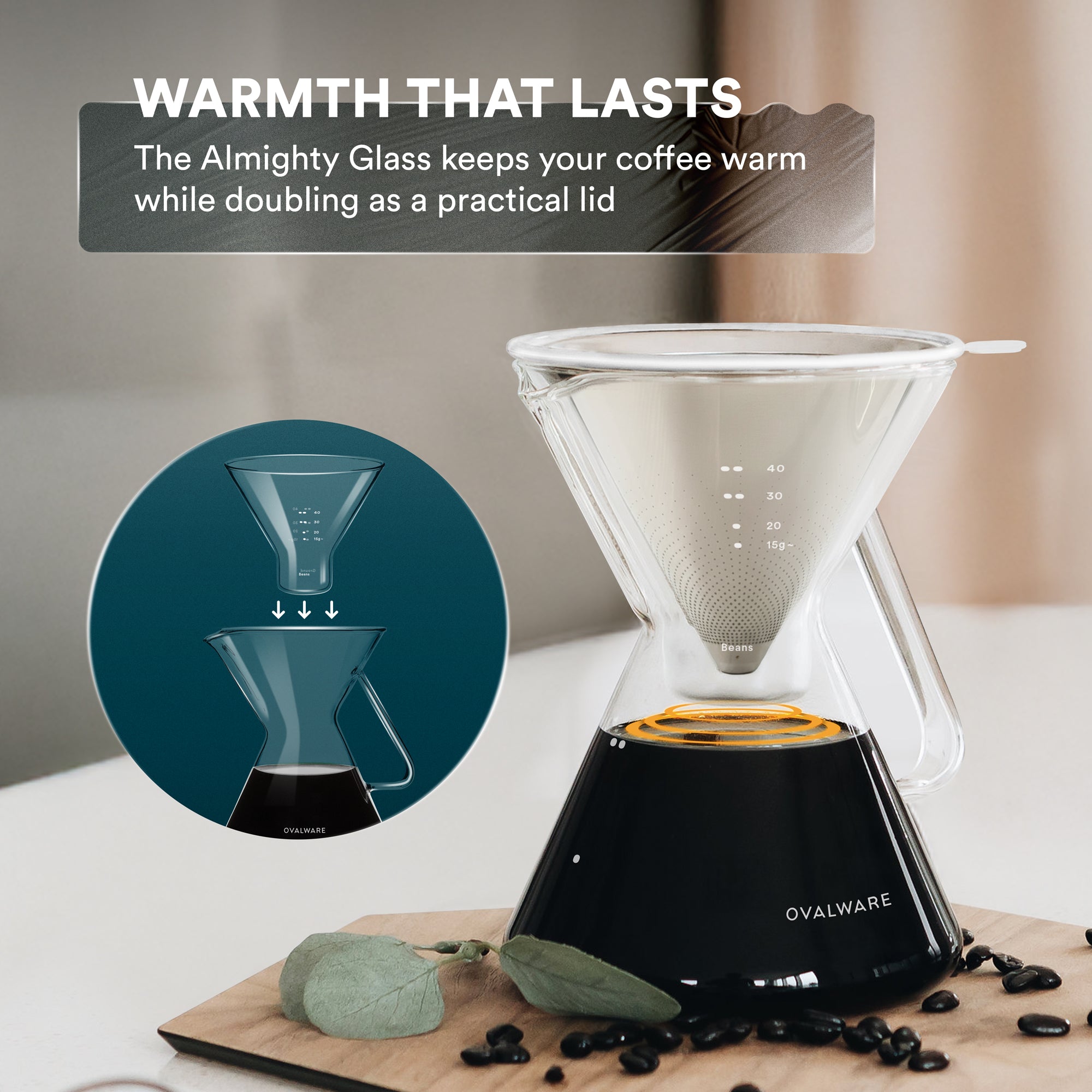Ovalware Pour-Over Coffee Maker with Stainless Steel Filter – 500ml/17oz