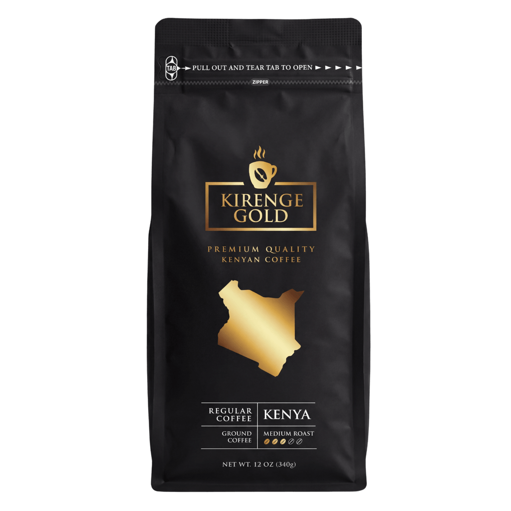 Kirenge Gold Kenyan Medium Roast Coffee, 12 oz ground pack.