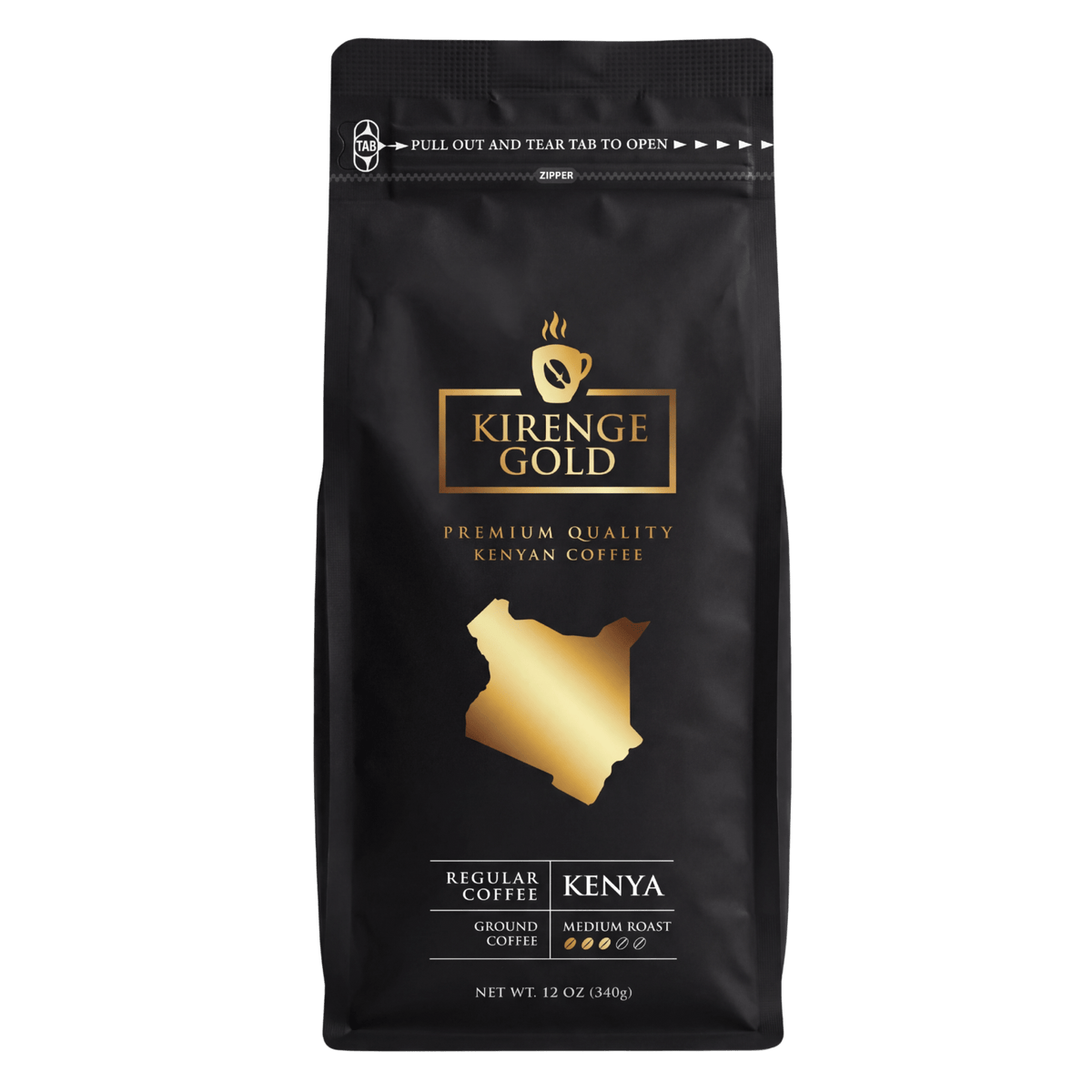 Kirenge Gold Kenyan Medium Roast Coffee, 12 oz ground pack.