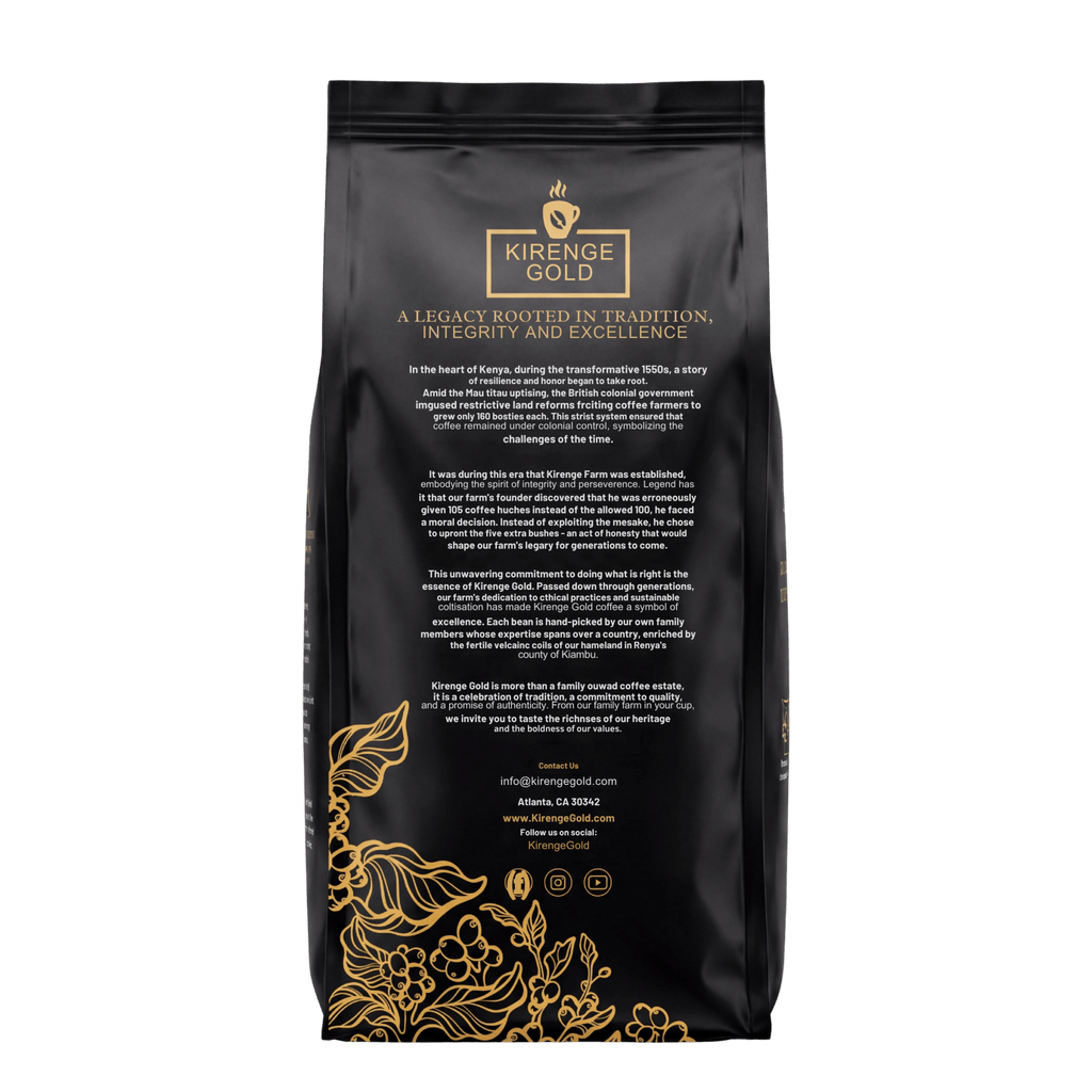 Whole bean version of Kirenge Gold Kenyan Light Roast Coffee, 12 oz.