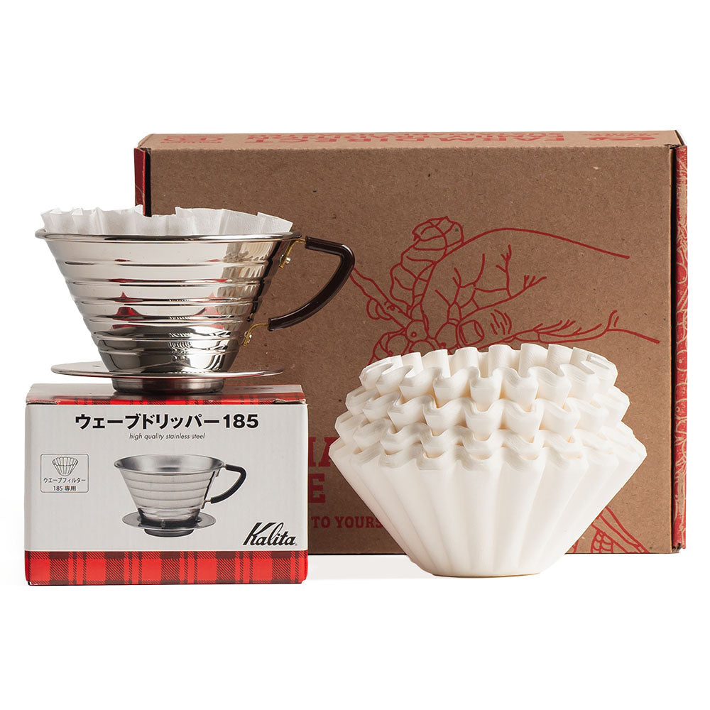 Kalita Wave 185 Pour Over Set | Stainless Steel Dripper + 100 Filters