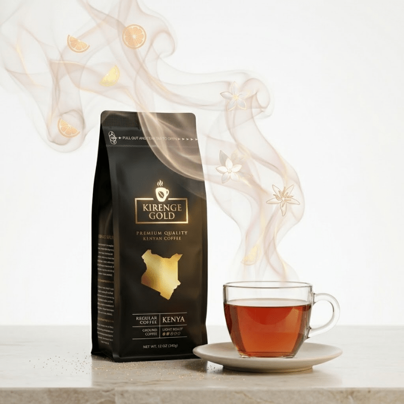 Whole bean version of Kirenge Gold Kenyan Light Roast Coffee, 12 oz.