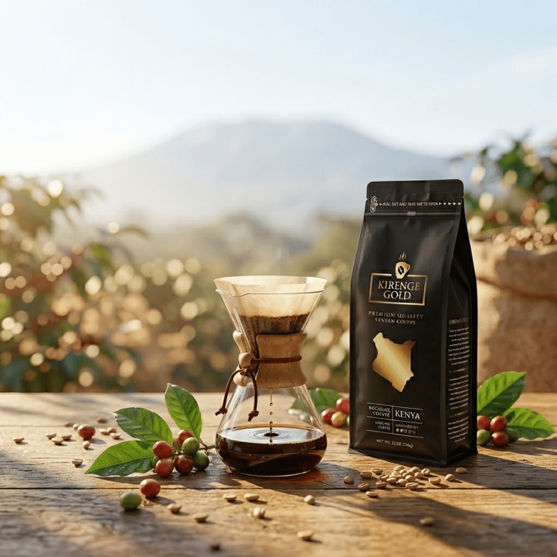 Whole bean version of Kirenge Gold Kenyan Light Roast Coffee, 12 oz.