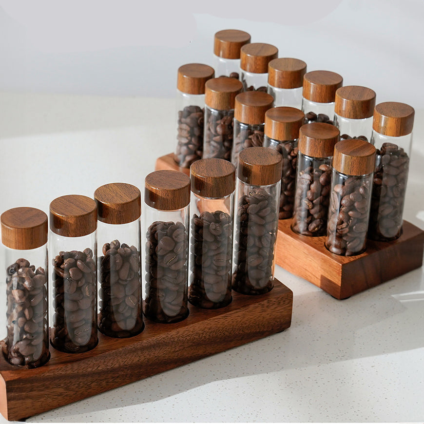 Coffee Bean Storage Tubes With Walnut Wood Base - Shop Coffee Hobby