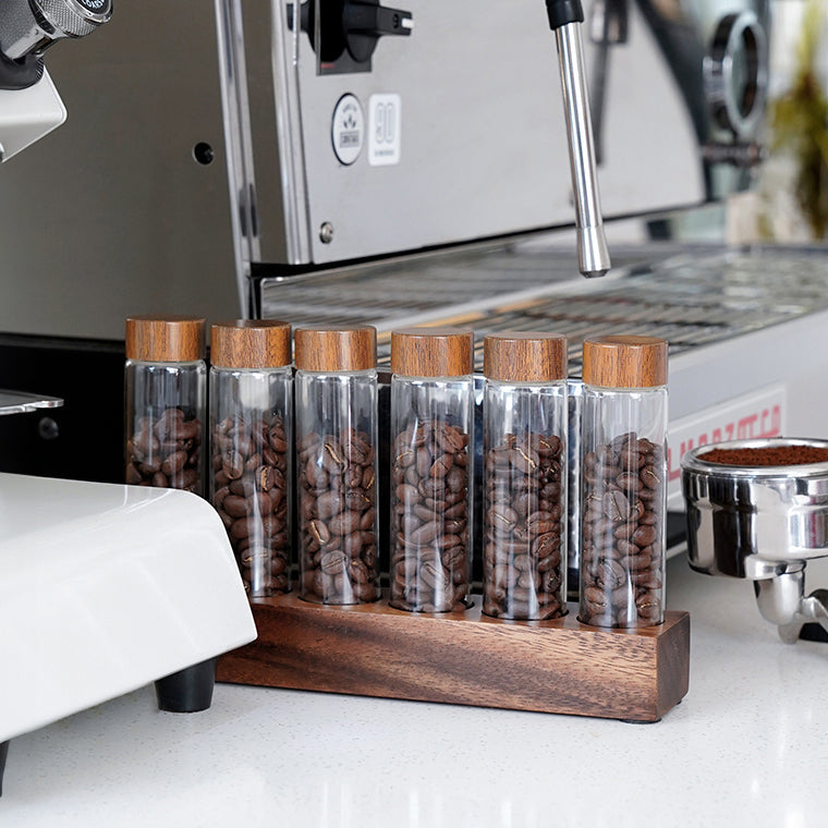 Coffee Bean Storage Tubes With Walnut Wood Base - Shop Coffee Hobby