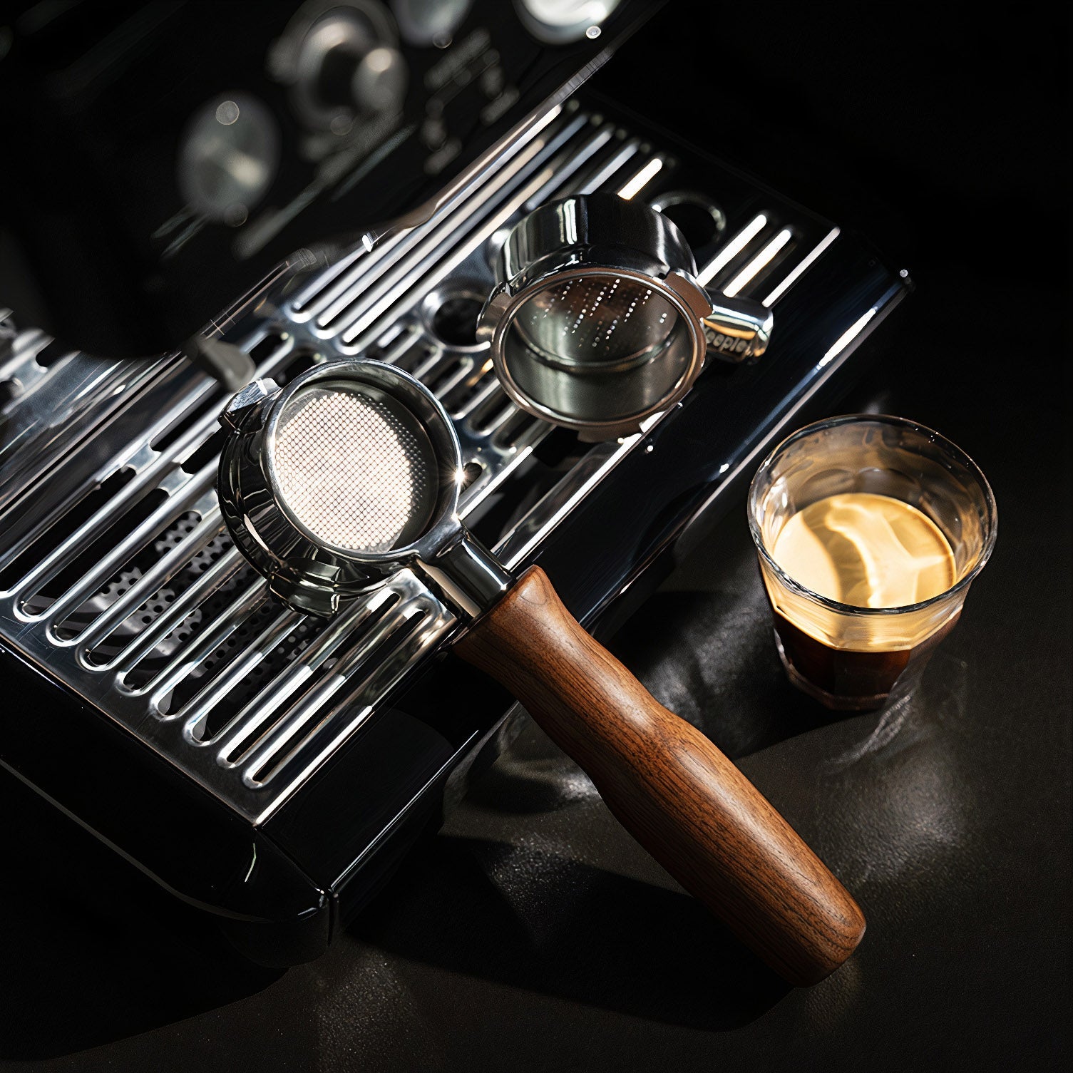 Stainless Steel Bottomless Portafilter with Walnut Handle - Shop Coffee Hobby