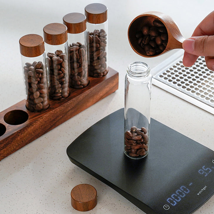 Coffee Bean Storage Tubes With Walnut Wood Base - Shop Coffee Hobby