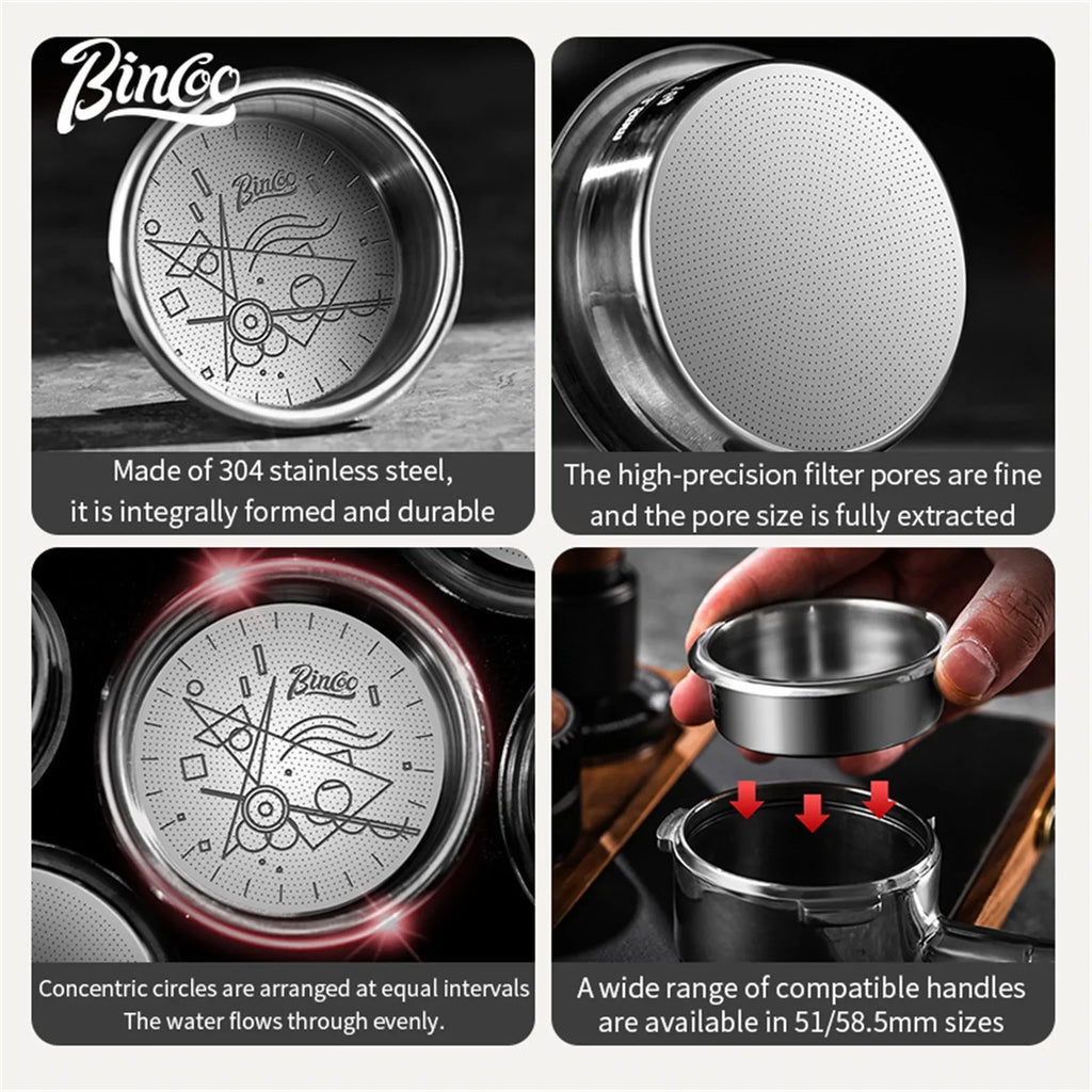 BINCOO High‑Precision Espresso Filter Basket – 51mm & 58.5mm (16g / 18g / 20g) + Blind Baskets – Stainless Steel