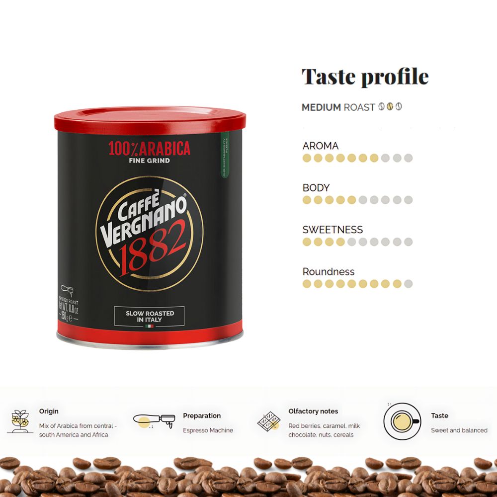 Caffè Vergnano 100% Arabica Fine Ground Espresso Coffee, 8.8 oz