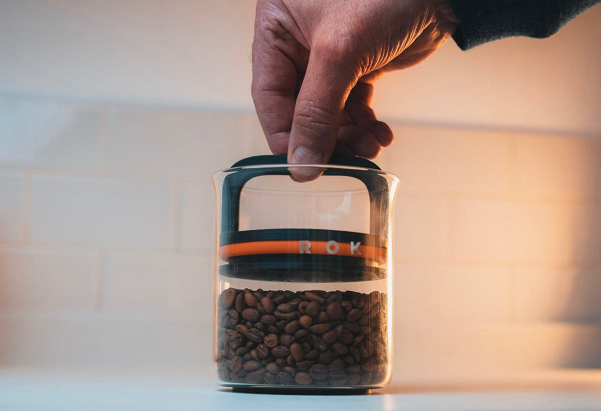 ROK USA ROK Zero Jar Glass Coffee Bean Storage Jar, clear version for easy viewing.